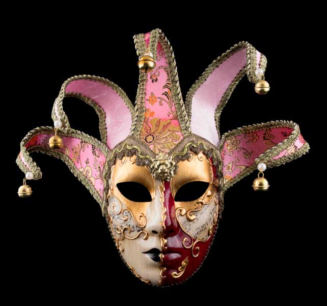 Masque Volto Jolly Visage Doré et Rouge Bordeaux à 5 Pointes – Artisanat Authentique de Venise