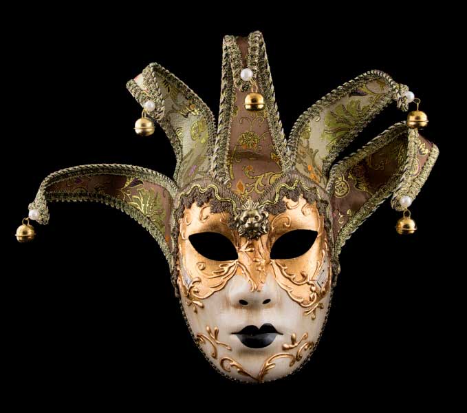 Masque Volto Jolly Marron à Visage Doré – Artisanat Authentique de Venise