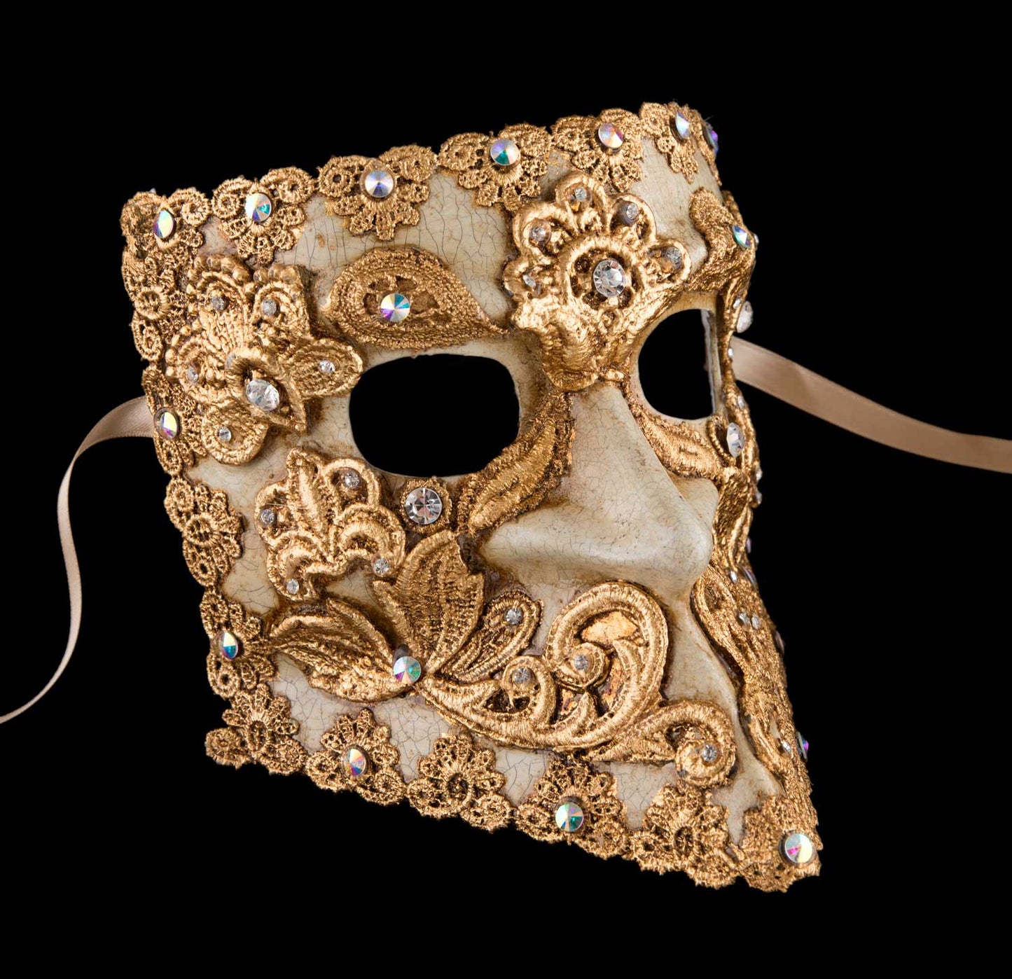 Masque Vénitien Bauta Macramé Masculin Doré – Artisanat Authentique de Venise