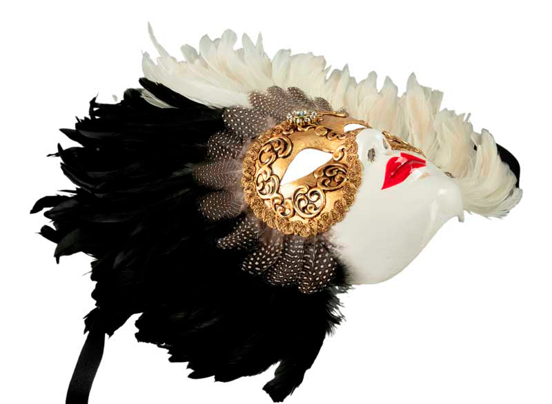 Masque Volto Blanc Doré aux Plumes de Coq Noires et Blanches – Artisanat Authentique de Venise