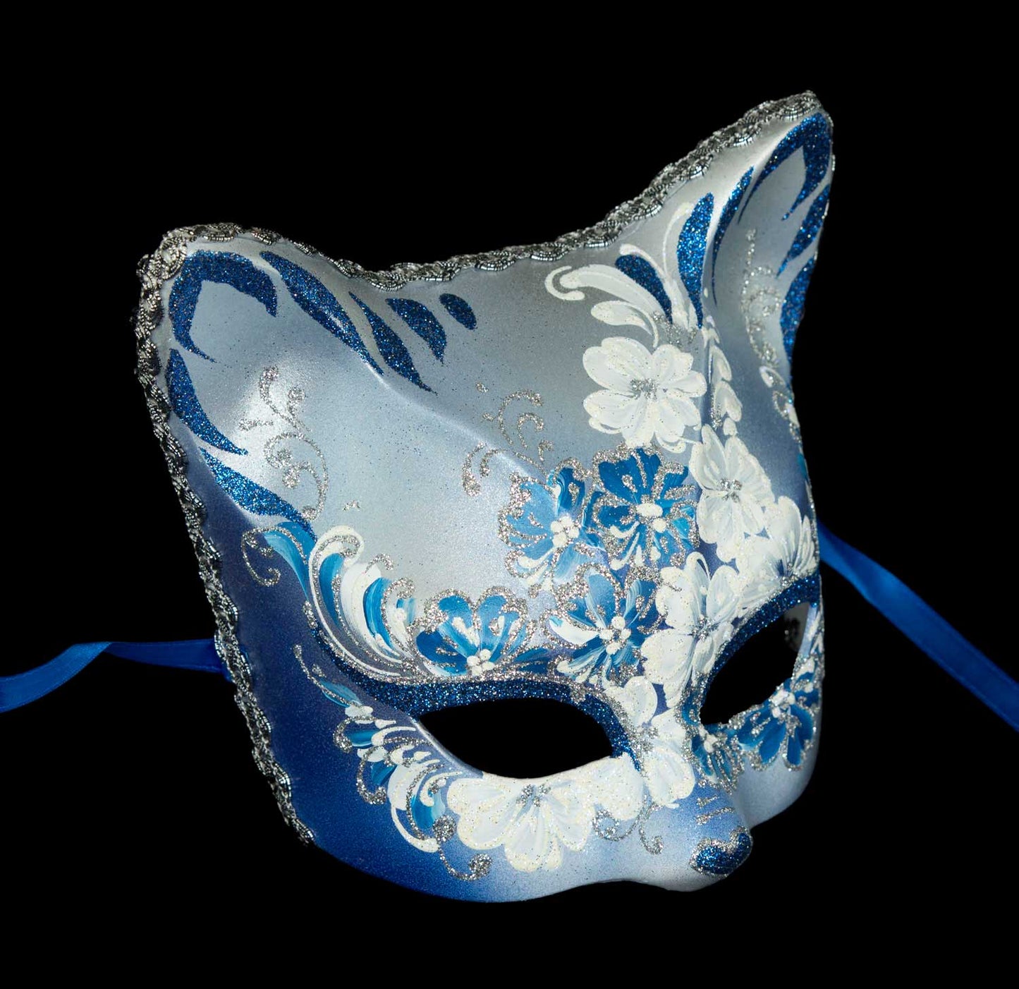 Masque Chat Gatto Fleurs Bleu et Argenté – Artisanat Authentique de Venise