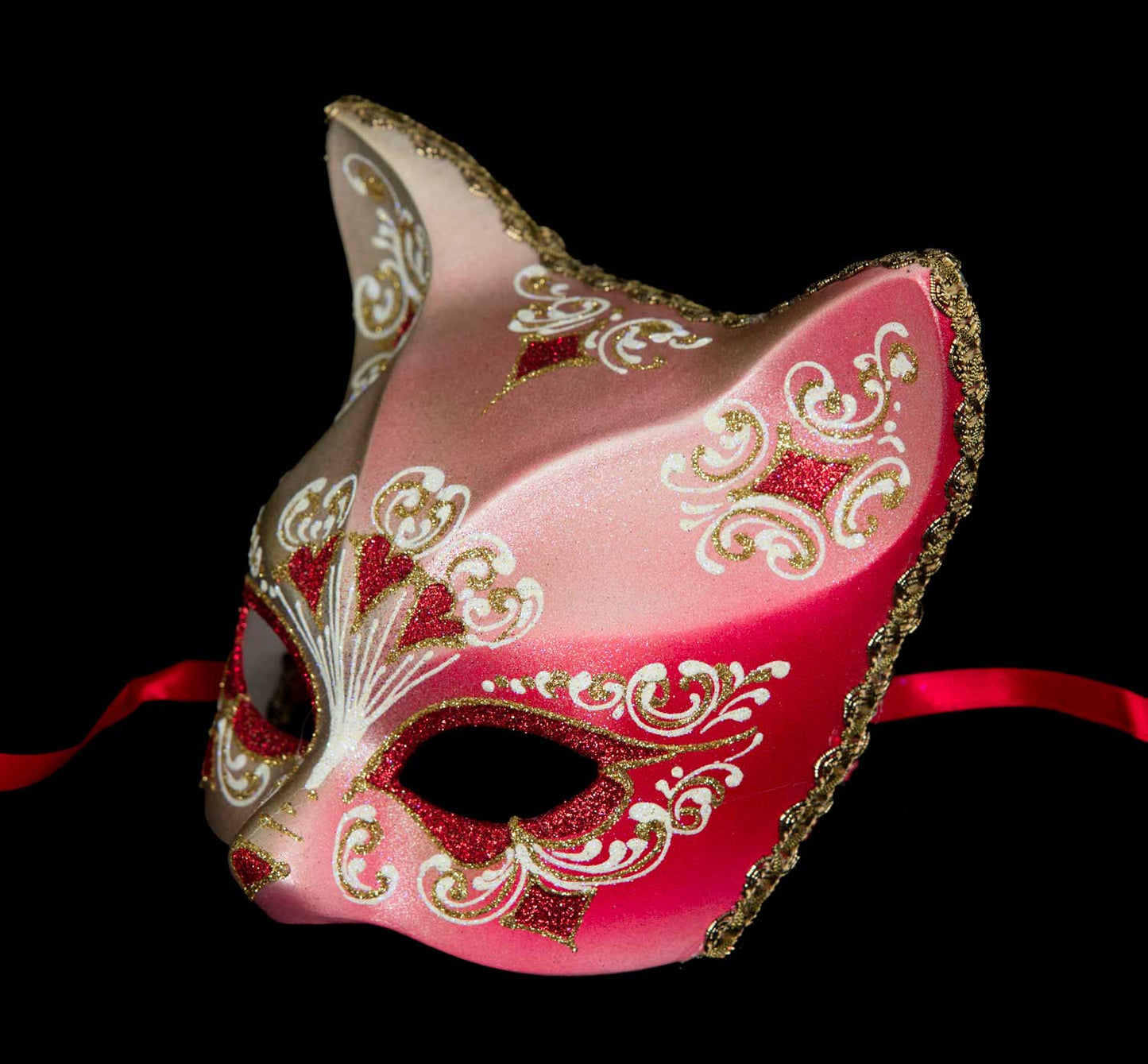Masque Chat Gatto Doré Floral Cœur Rouge – Artisanat Authentique de Venise
