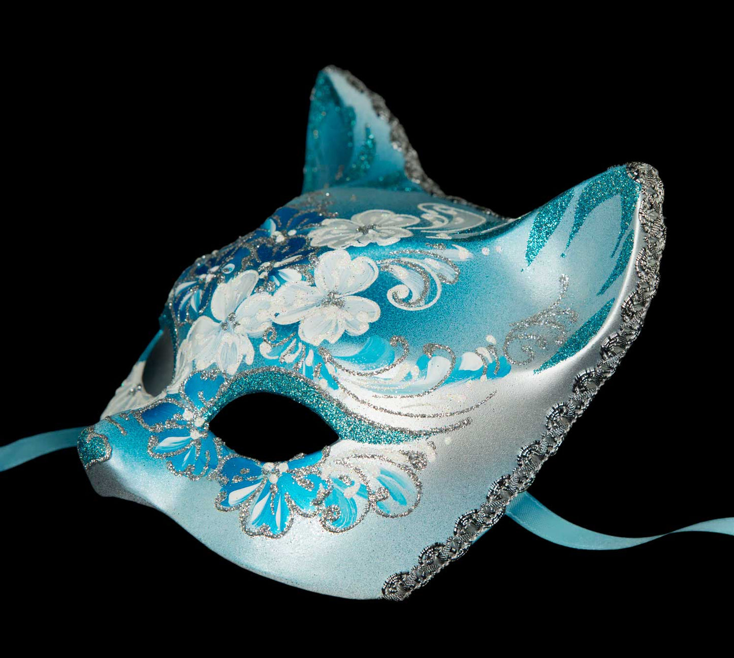 Masque Chat Gatto Fleurs Bleu Ciel et Argenté – Artisanat Authentique de Venise