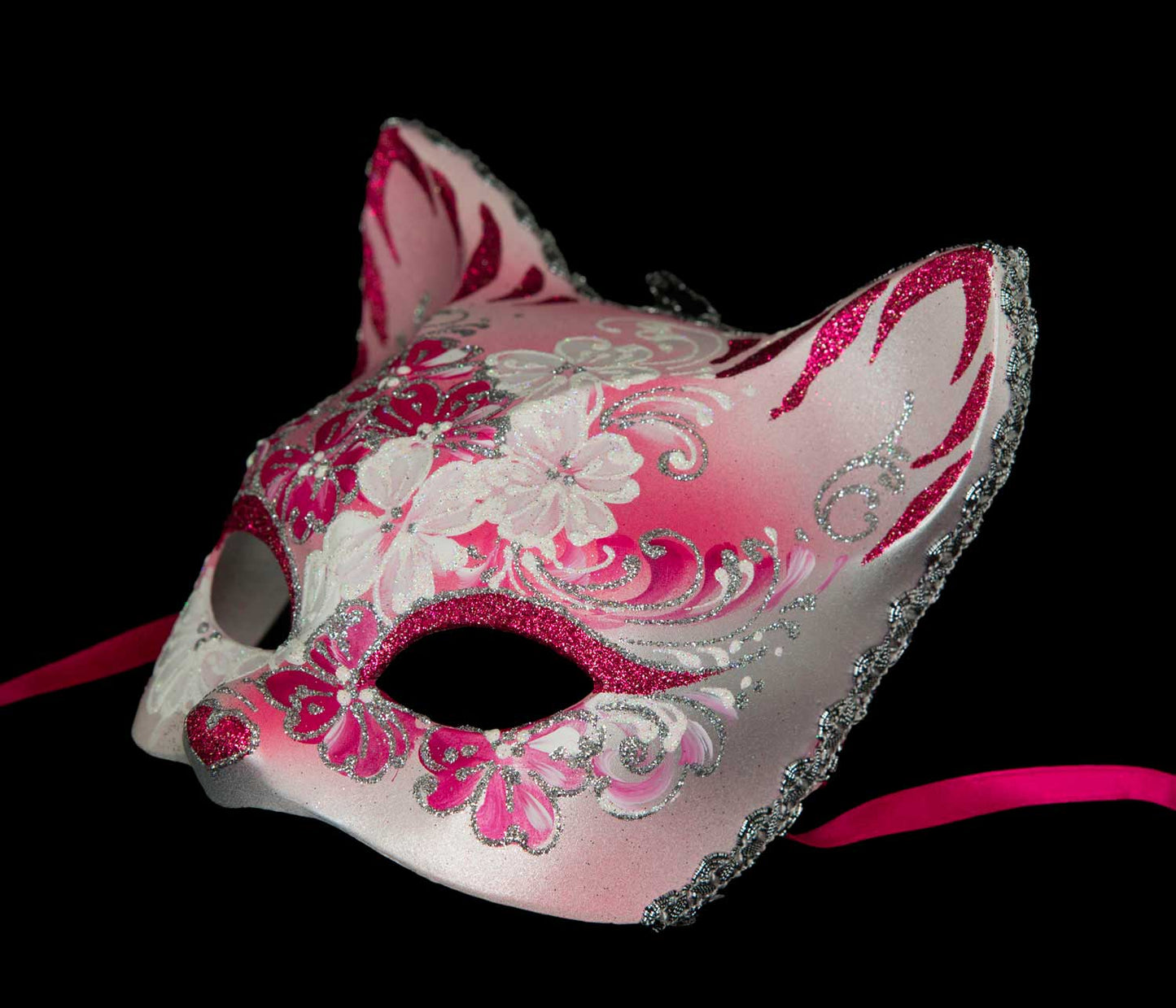 Masque Chat Gatto Fleurs Rose et Argenté – Artisanat Authentique de Venise