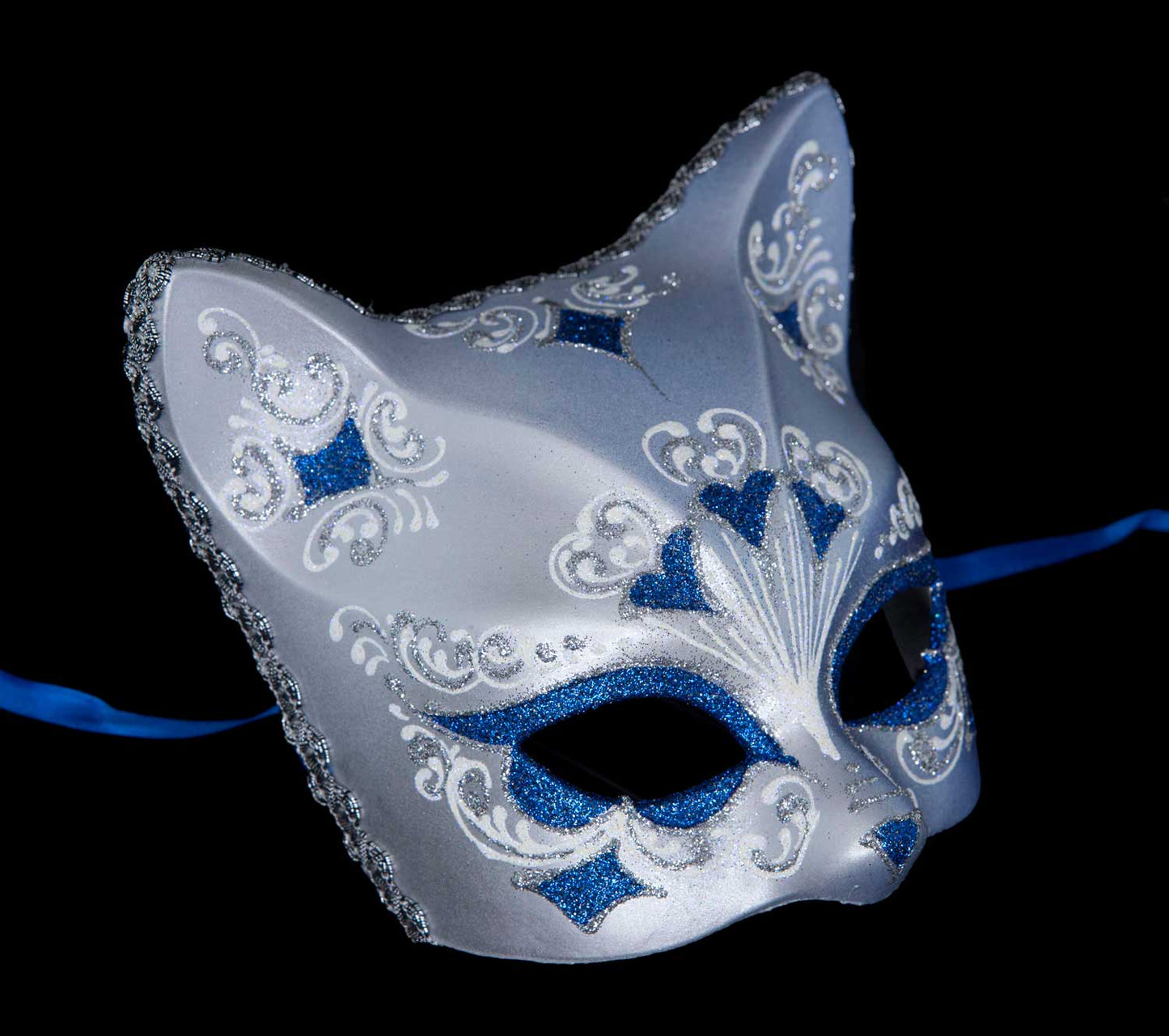 Masque Chat Gatto Argenté Floral Cœur Bleu – Artisanat Authentique de Venise