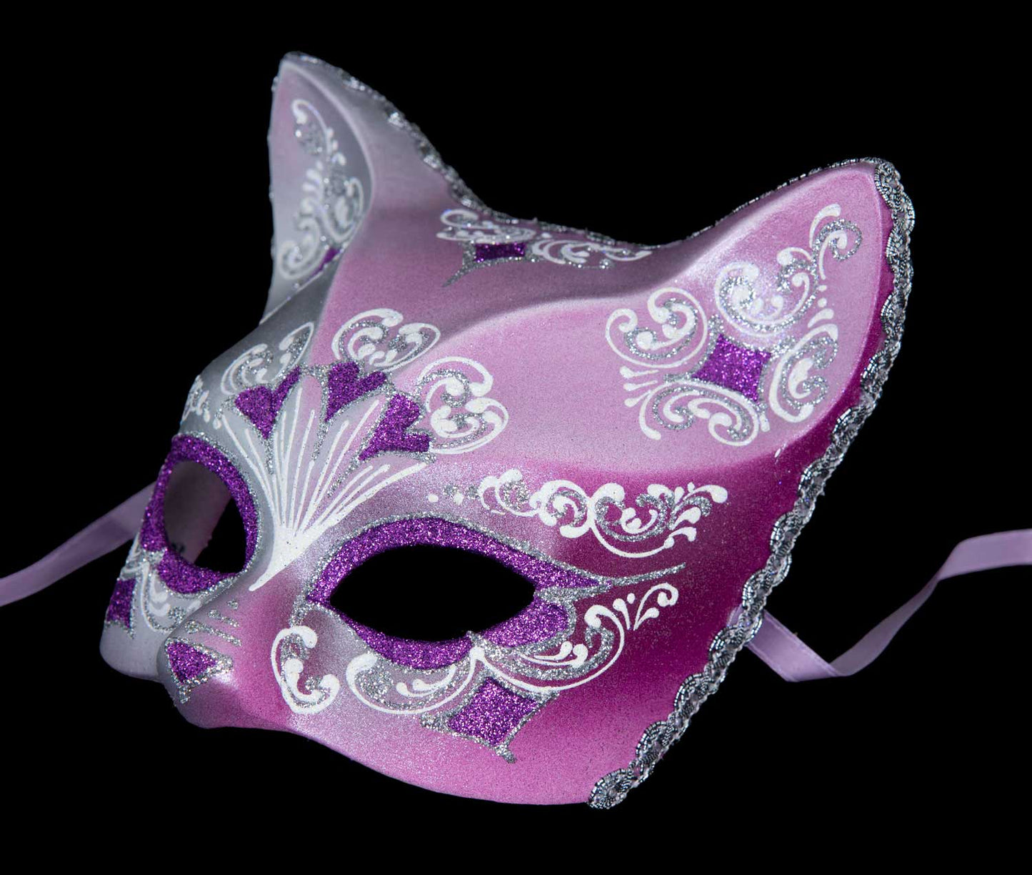 Masque Chat Gatto Argenté Floral Cœur Violet – Artisanat Authentique de Venise