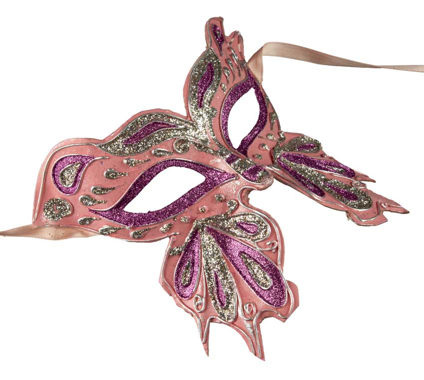 Masque Colombine Farfella Papillon Rose Violet et Doré – Artisanat Authentique de Venise
