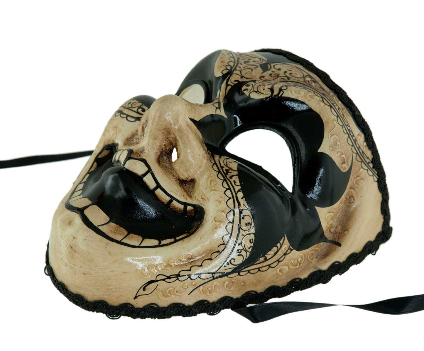 Masque Vénitien Visage Joker Noir et Blanc Antique – Artisanat Authentique de Venise