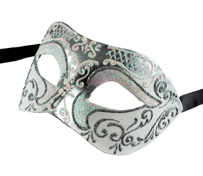 Masque Colombine Blanc Argenté Nacré Rose – Artisanat Authentique de Venise