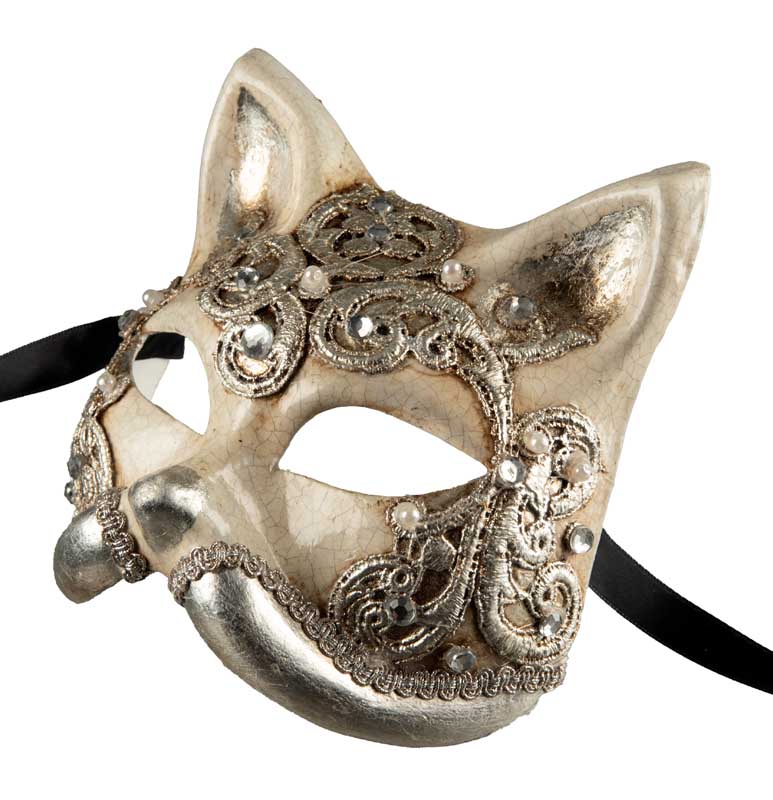 Masque Chat Gatto Macramé Argenté – Artisanat Authentique de Venise
