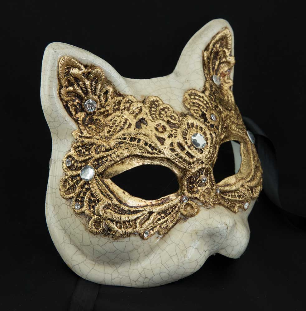 Masque de Venise Macramé Doré – Modèle Gatto Gnaga – Carnaval Vénitien | Artisanat Authentique