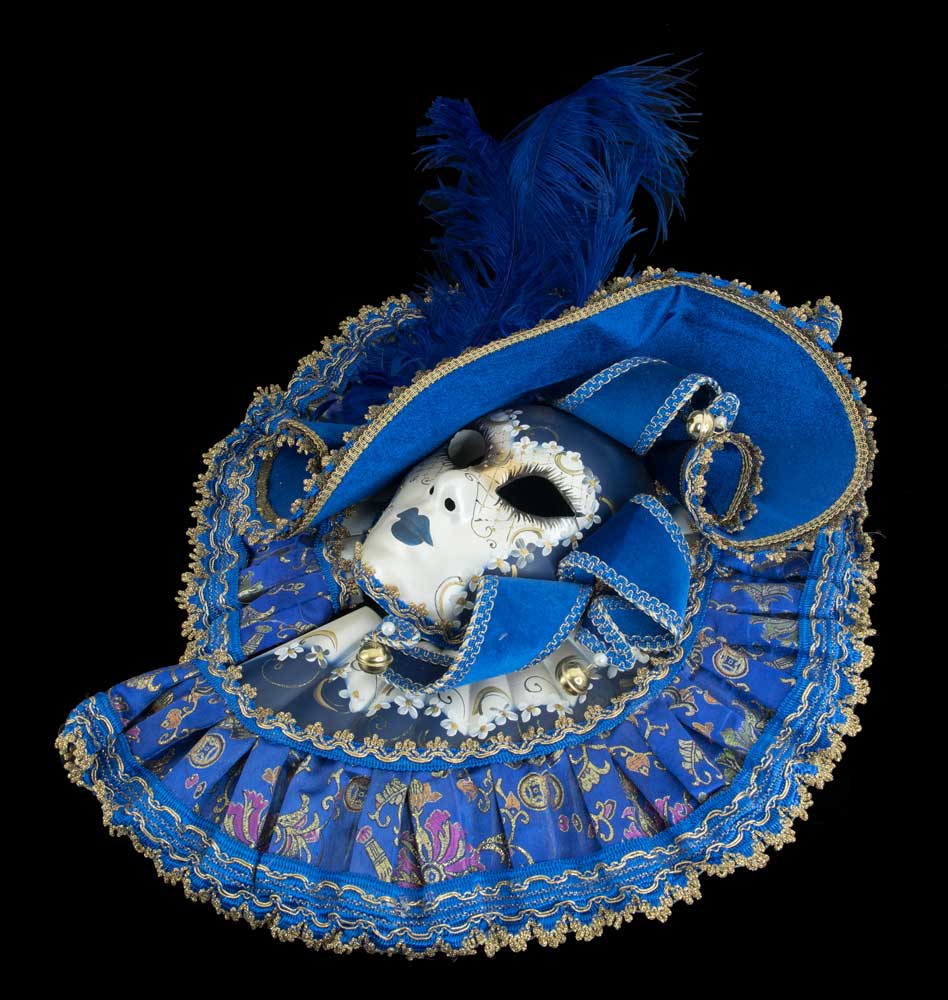 Grand Masque de Venise Éventail Bleu à Plumes avec Chapeau – Artisanat Authentique de Venise