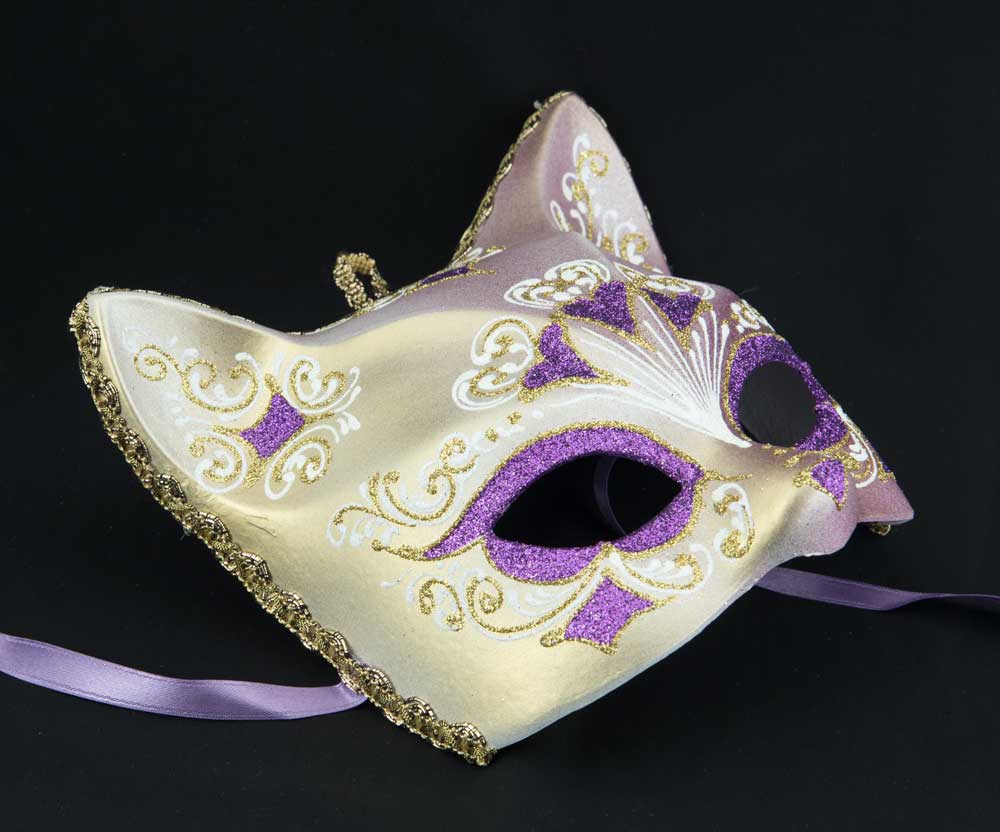 Masque Chat Gatto Doré Floral Cœur Violet – Artisanat Authentique de Venise