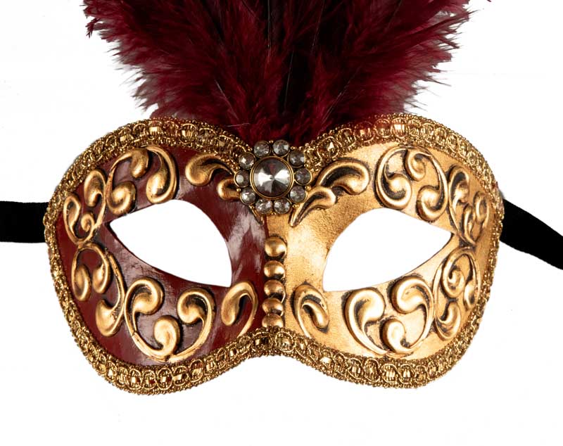 Masque Colombine à Plumes Bordeaux Doré – Artisanat Authentique de Venise