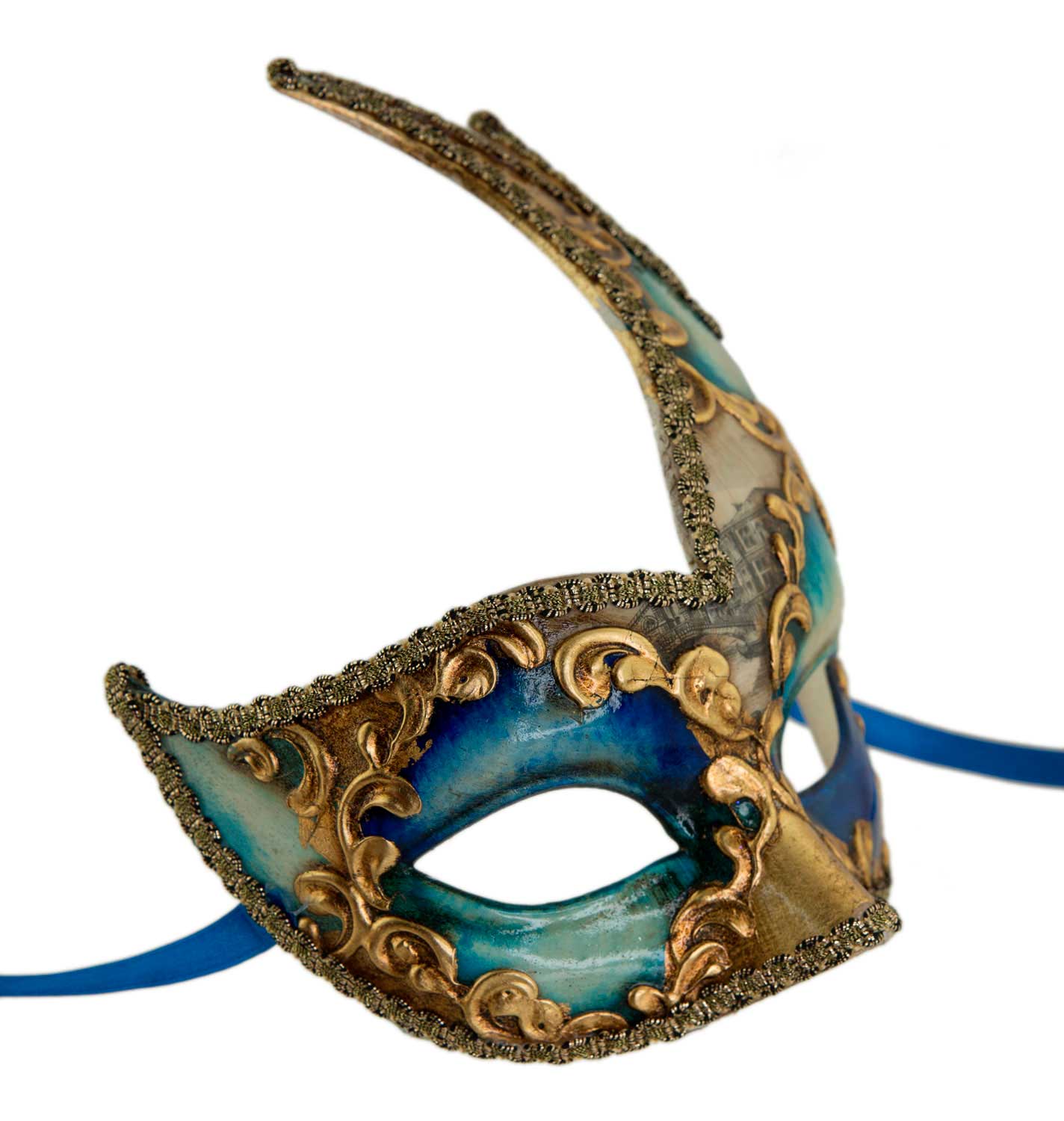 Masque Vénitien Colombine Cygne Pont des Soupirs Bleu Doré – Artisanat Authentique de Venise
