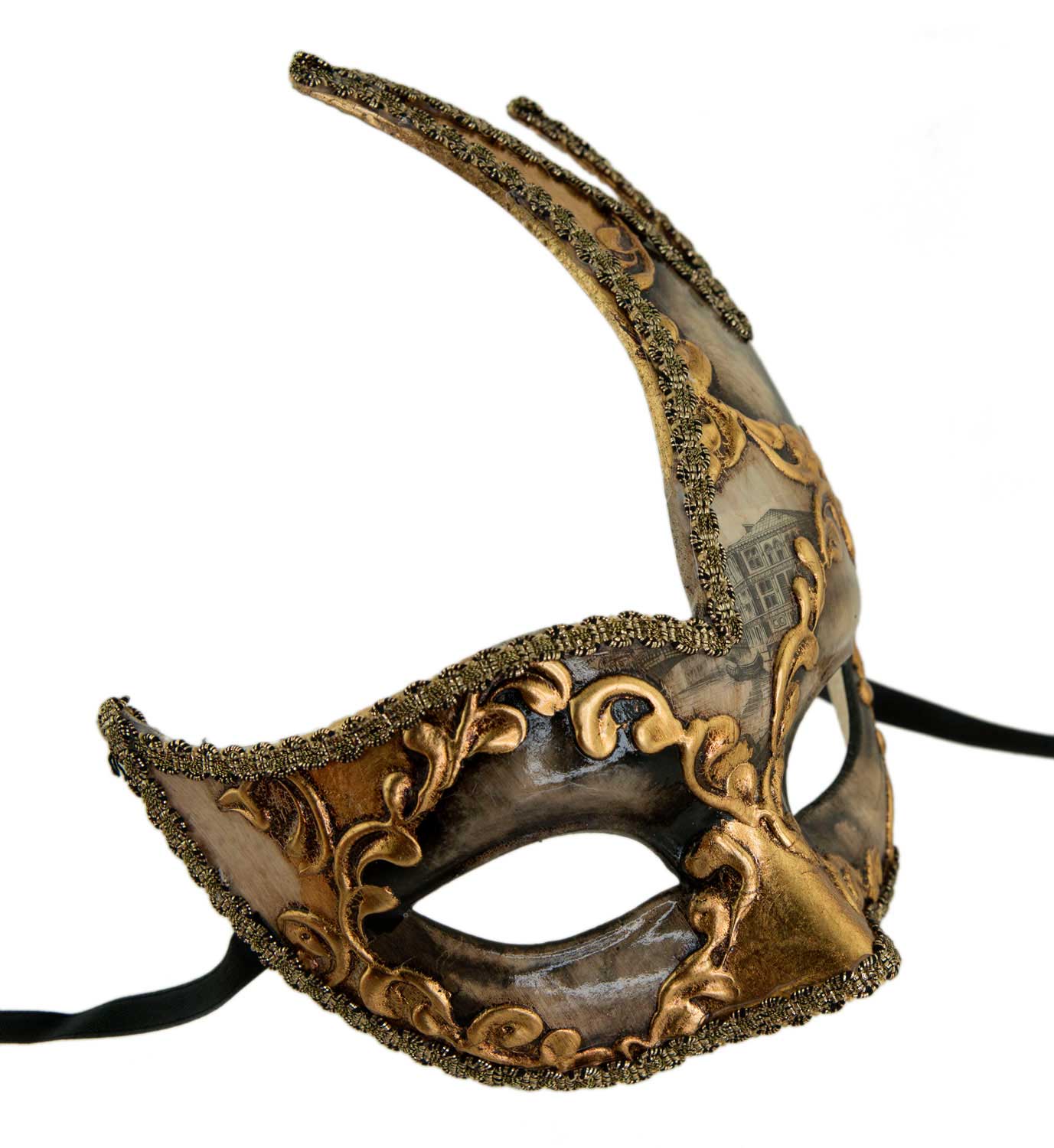 Masque Vénitien Colombine Cygne Pont des Soupirs Doré – Artisanat Authentique de Venise