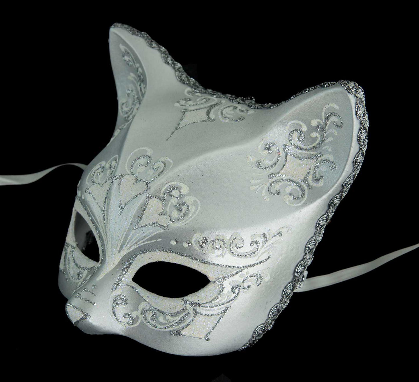 Masque Chat Gatto Blanc Argenté Floral – Artisanat Authentique de Venise