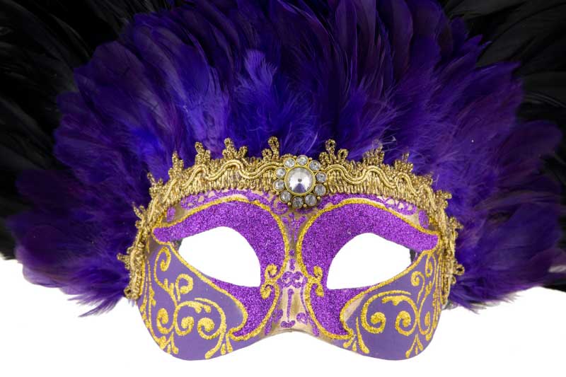 Masque Loup Violet et Noir à Plumes – Artisanat Authentique de Venise
