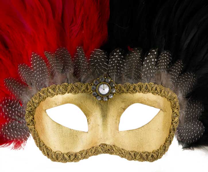 Masque Colombine Doré Rouge et Noir à Plumes – Artisanat Authentique de Venise