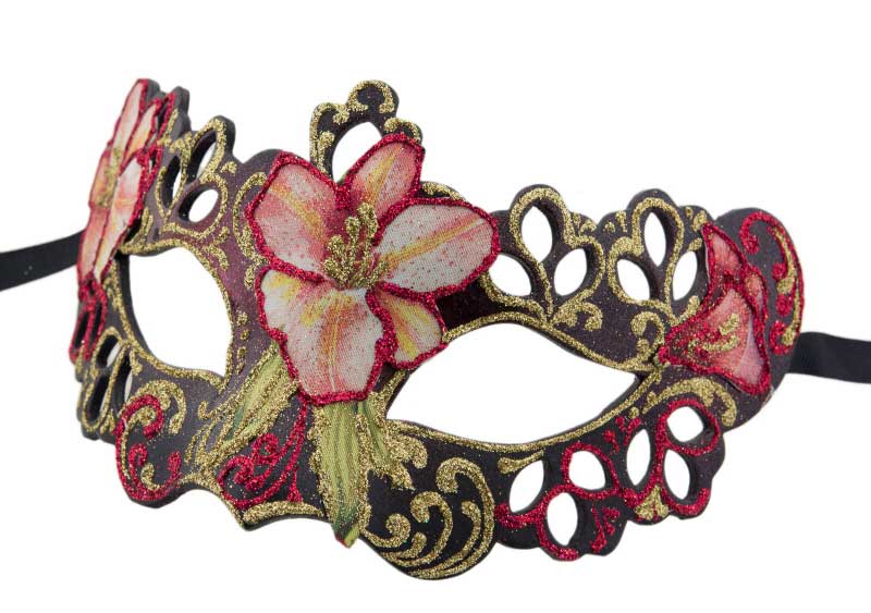 Masque de Venise Loup Colombine à Pointes Tutti Frutti Noir et Fleur Rouge – Artisanat Authentique de Venise
