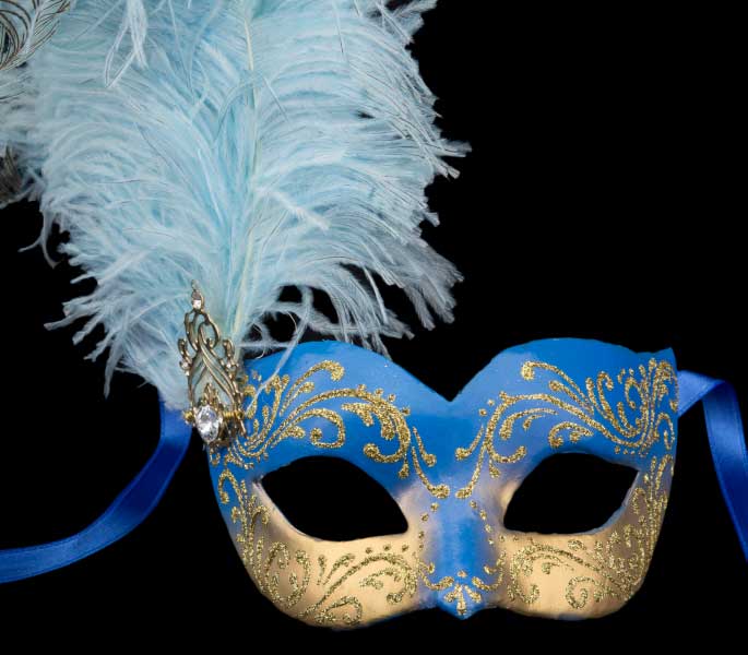 Masque Colombine Bleu et Doré à Plumes – Artisanat Authentique de Venise