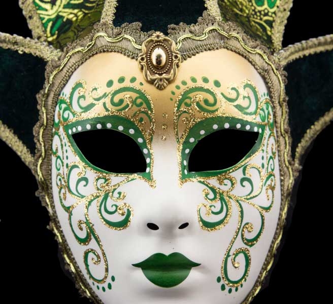 Masque Volto Jolly Vert et Doré à 5 Pointes – Artisanat Authentique de Venise