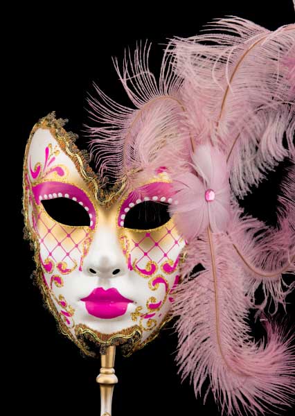 Masque Vénitien de Gala Farfalla Rose à Bâton et Plumes – Artisanat Authentique de Venise
