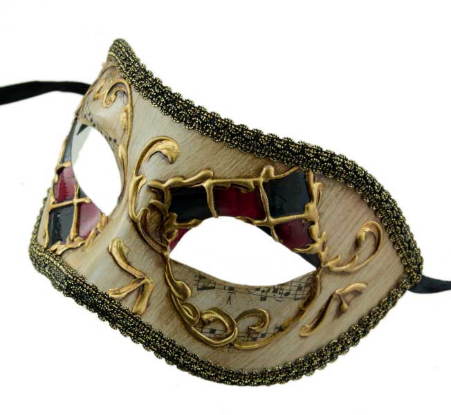Masque Colombine Musica Damier Rouge Noir et Doré – Artisanat Authentique de Venise
