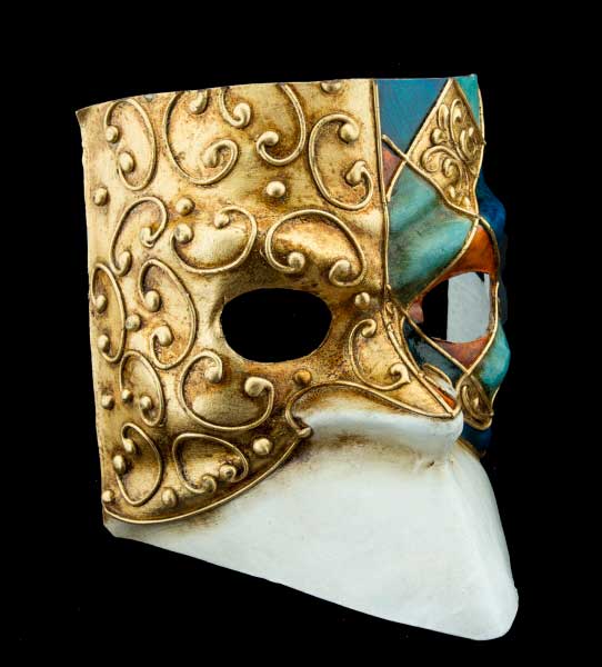 Masque Vénitien Bauta Bleu, Doré et Orange – Artisanat Authentique de Venise