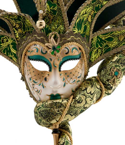 Masque Vénitien Jolly Vert et Doré à Bâton et 10 Pointes – Artisanat Authentique de Venise