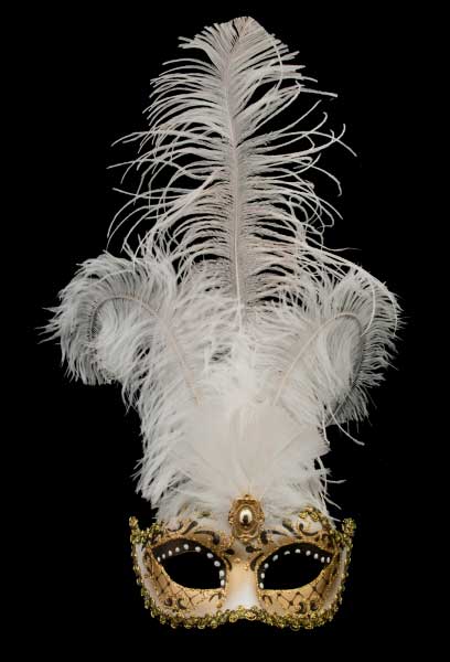Masque Colombine à Pointe Blanc et Doré à Plumes – Artisanat Authentique de Venise