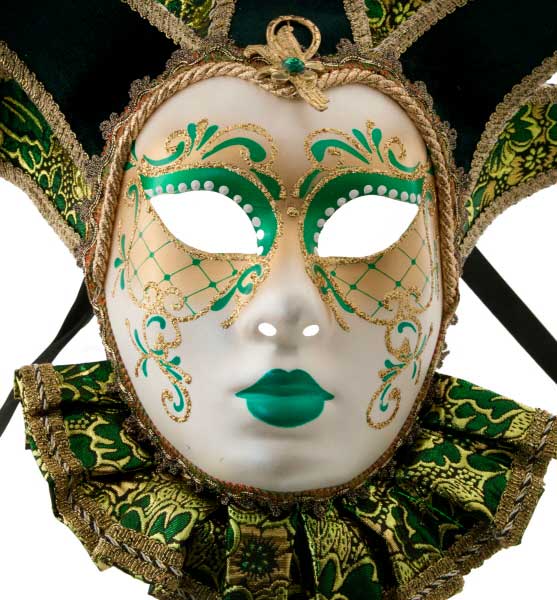 Masque Muse à Bavière Volto Jolly Vert et Doré – Artisanat Authentique de Venise