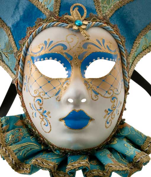 Masque Muse à Bavière Volto Jolly Bleu et Doré – Artisanat Authentique de Venise