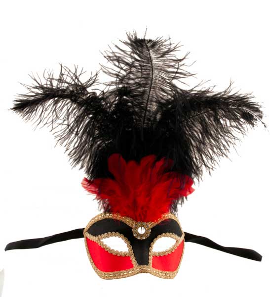 Masque Loup Vénitien à Plumes Satin Rouge, Noir et Doré – Artisanat Authentique de Venise