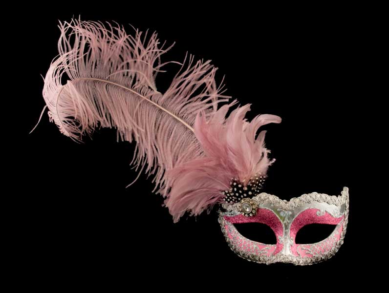 Masque Loup French Cancan Rose et Argent à Plumes – Artisanat Authentique de Venise