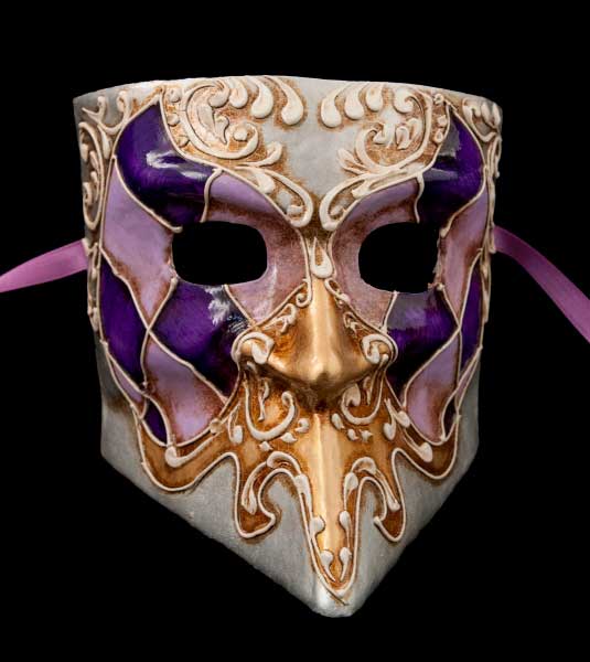 Masque Vénitien Bauta Barocco Masculin Violet Argenté – Artisanat Authentique de Venise