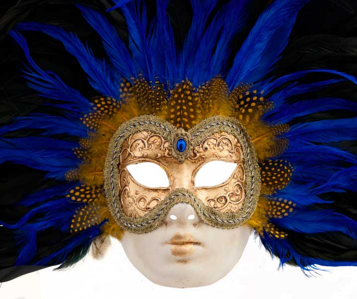 Masque Vénitien Volto à Plumes Noires et Bleues – Artisanat Authentique de Venise
