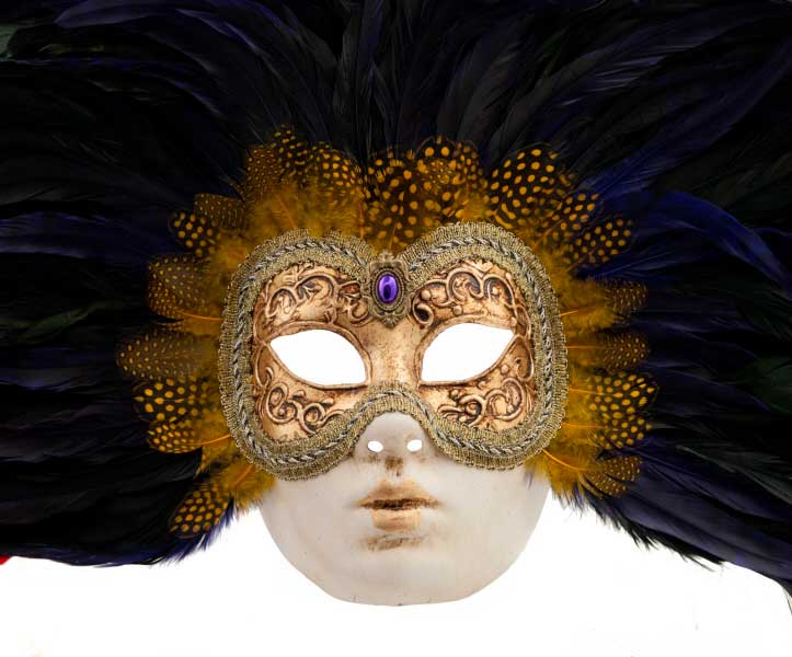 Masque Vénitien Volto à Plumes Noires et Mauves – Artisanat Authentique de Venise