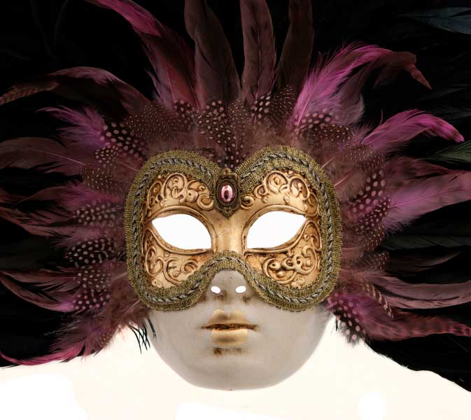 Masque Vénitien Volto à Plumes Noires et Roses – Artisanat Authentique de Venise