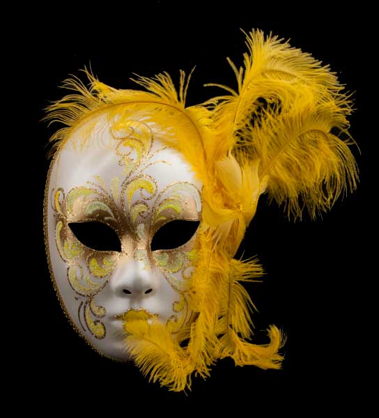 Masque Visage Vénitien Volto à Plumes Jaunes – Artisanat Authentique de Venise