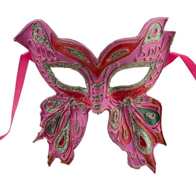 Masque Colombine Farfella Papillon Rose Rouge et Doré – Artisanat Authentique de Venise