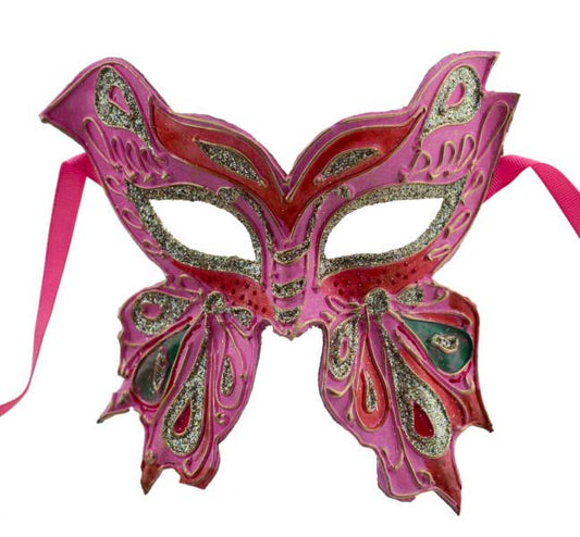 Masque Colombine Farfella Papillon Rose Rouge et Doré – Artisanat Authentique de Venise
