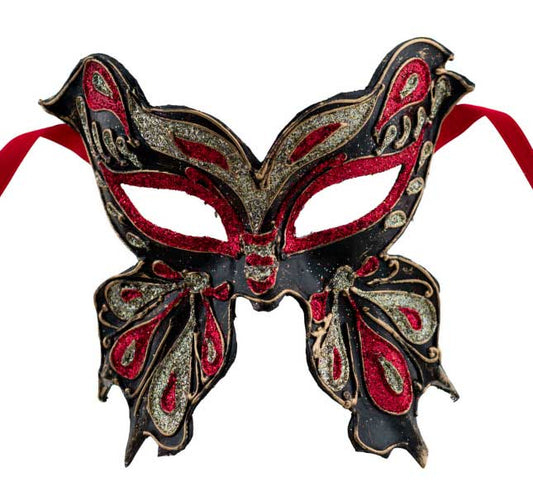 Masque Colombine Farfella Papillon Noir Rouge et Doré – Artisanat Authentique de Venise