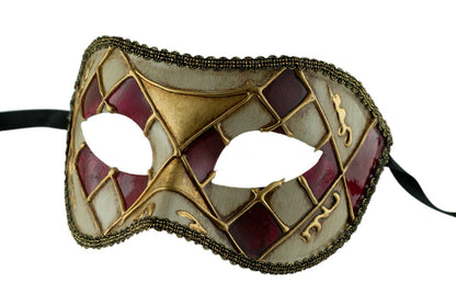 Masque Colombine Losange Bordeaux et Doré – Artisanat Authentique de Venise