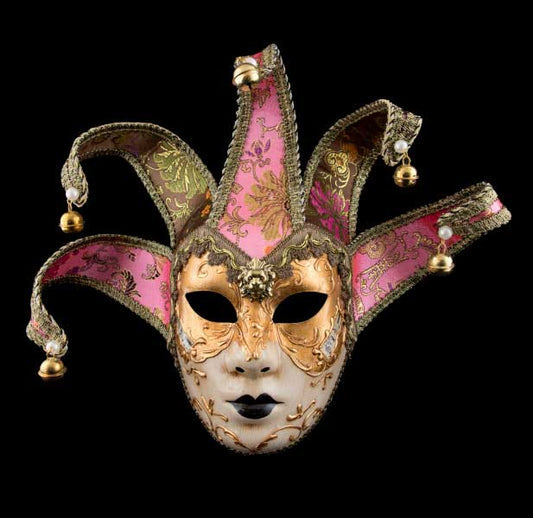 Masque Volto Jolly Rose et Doré à Visage Doré – Artisanat Authentique de Venise