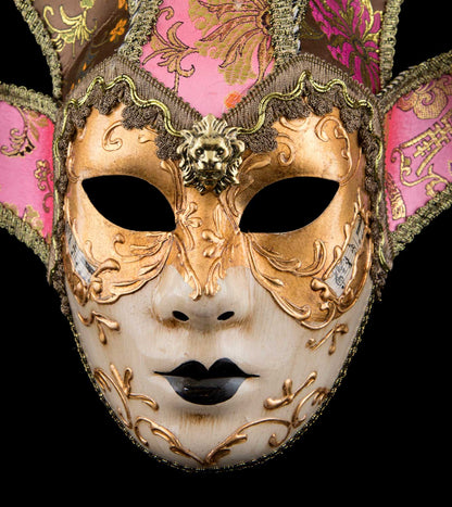 Masque Volto Jolly Rose et Doré à Visage Doré – Artisanat Authentique de Venise