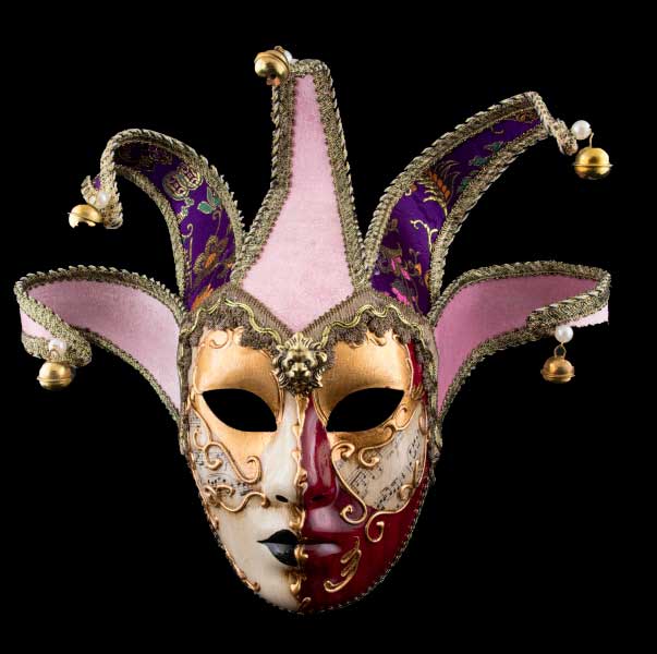 Masque Volto Jolly Visage Doré et Rouge Bordeaux à 5 Pointes – Artisanat Authentique de Venise