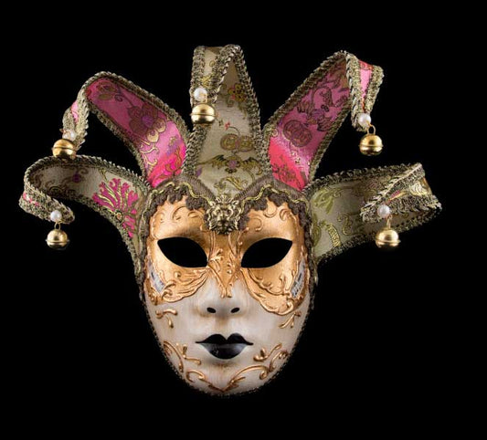 Masque Volto Jolly Rose et Vert à Visage Doré – Artisanat Authentique de Venise