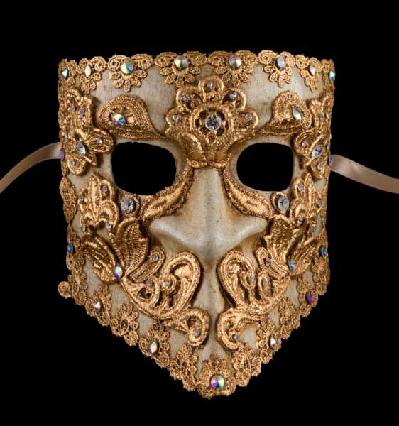 Masque Vénitien Bauta Macramé Masculin Doré – Artisanat Authentique de Venise