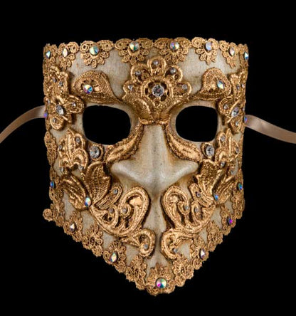 Masque Vénitien Bauta Macramé Masculin Doré – Artisanat Authentique de Venise